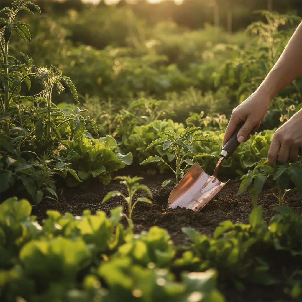 Un jardinier plante un semis au potager à la lumière du soir